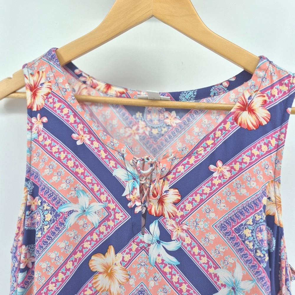 J. Jill Rayon Tank Top M Medium Purple Coral Mandala Floral Boho Lace Up Summer - Picture 3 of 12
